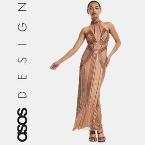 ASOS DESIGN Gown | Women's Size 8 | Copper Gold Sequin Bead | High Neck Halter